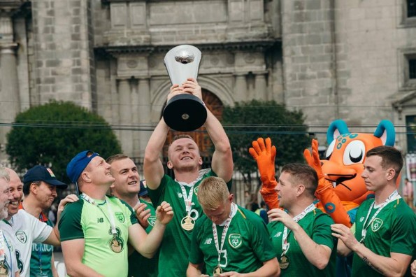 Diarmuid O'Connor holds aloft the Fundacion Telmex Telcel Trophy after the Boys In Green beat Romania to win the Tier 3 tournament.