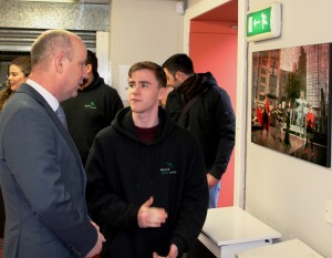 Cian Guerin speaking with Minister Jim Daly TD at Lava Javas Youth Cafe 